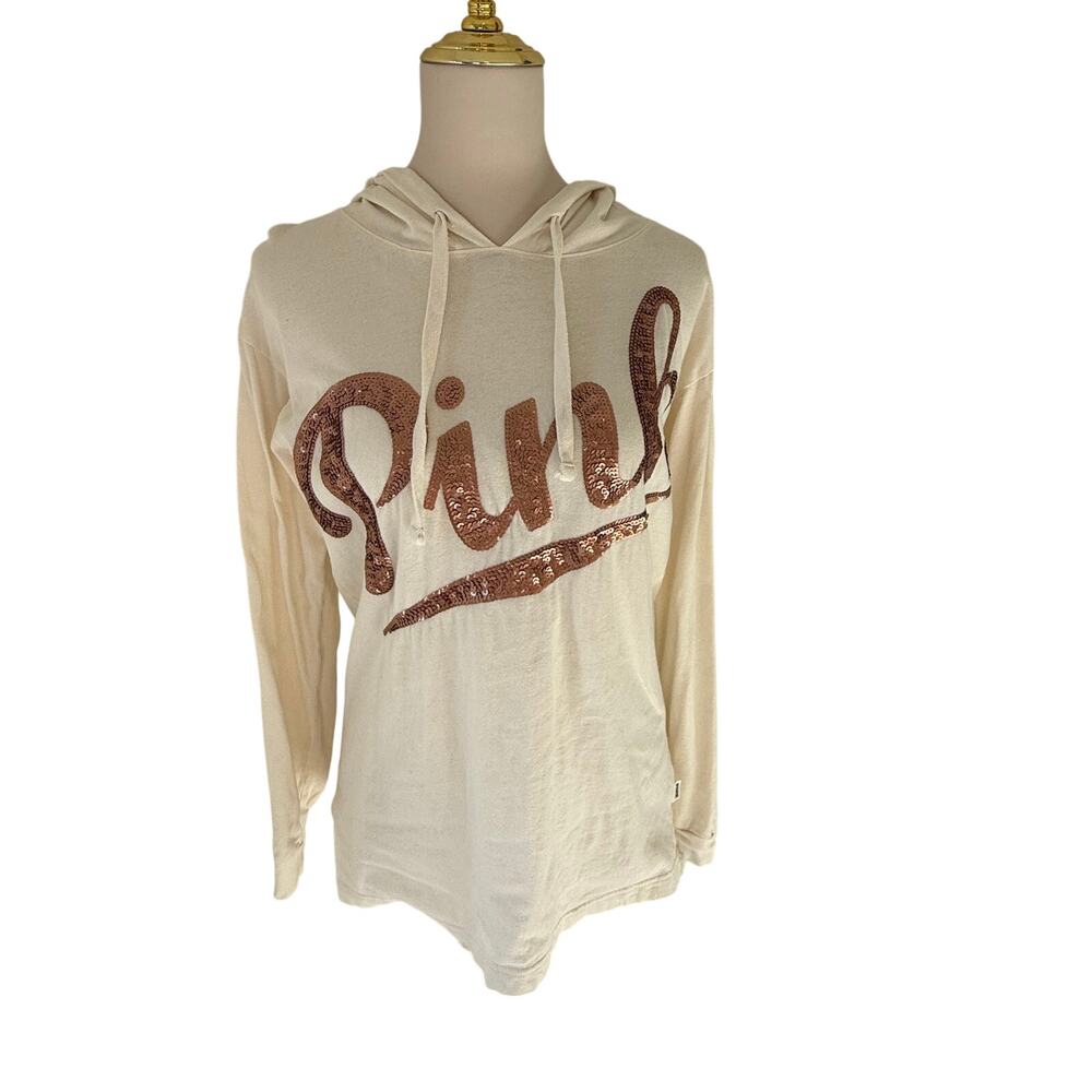 100% Cotton PINK Victoria’s Secret Cream Sequin Logo Hoodie Pullover XS